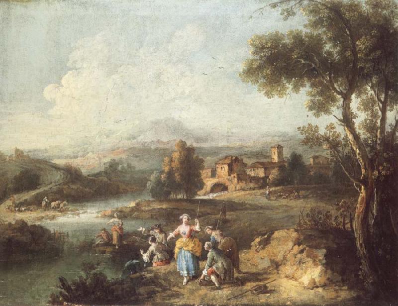 ZAIS, Giuseppe Landscape with a Group of Figures Fishing Norge oil painting art